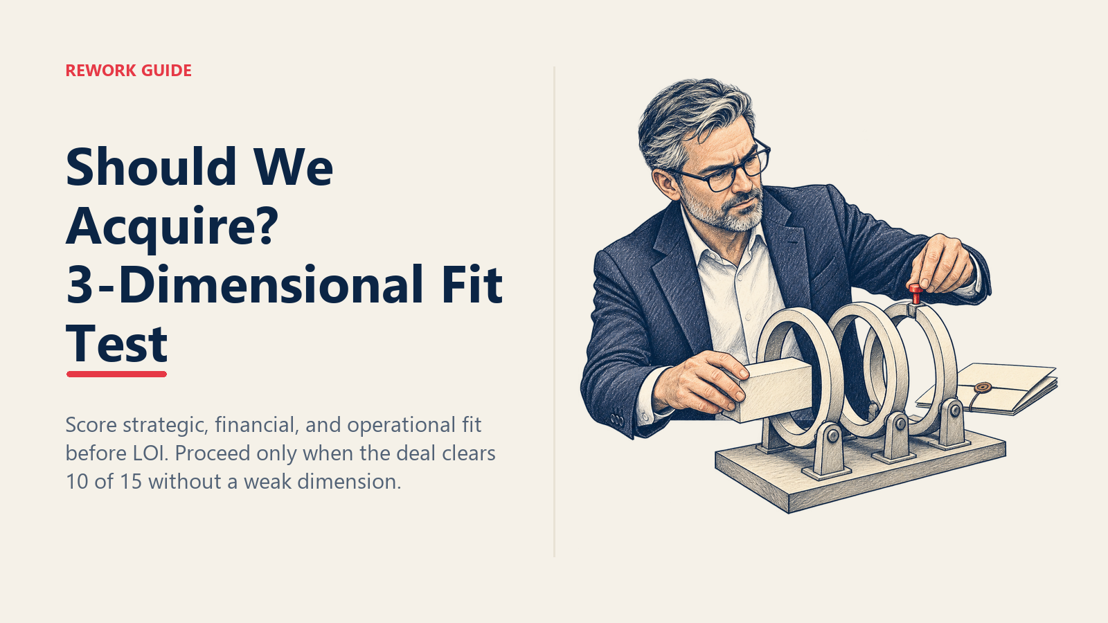 CEO testing an acquisition target through strategic, financial, and operational fit rings before LOI