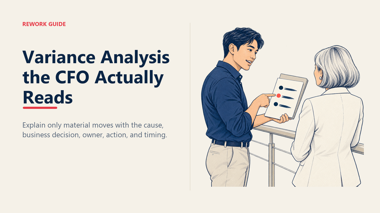 Financial analyst showing a CFO a concise three-bullet variance analysis before the executive review.