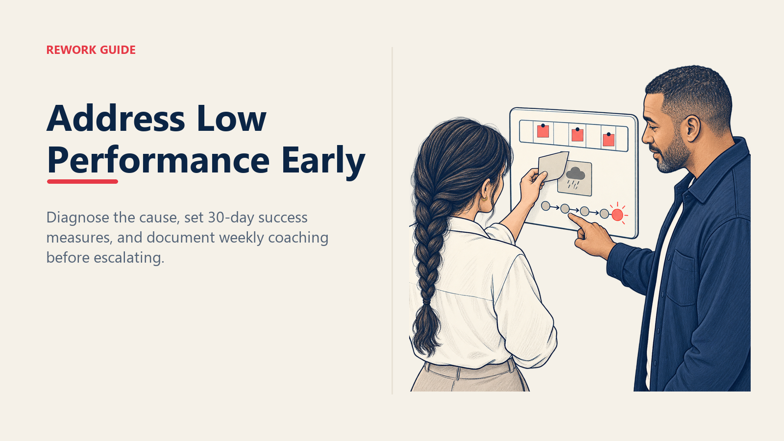 New manager and employee diagnosing missed deadlines and setting a 30-day coaching path.
