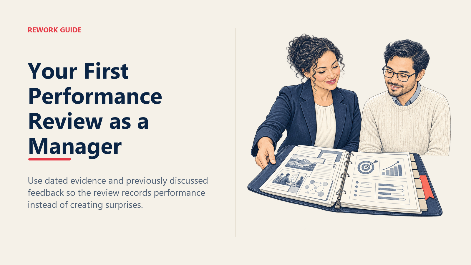 Manager and employee reviewing a full-period performance evidence portfolio together without surprises.