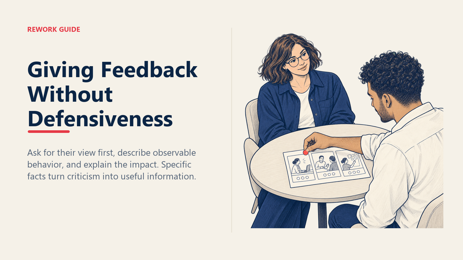 Manager inviting a direct report to mark a three-part SBI feedback worksheet before discussing observable behavior and impact.