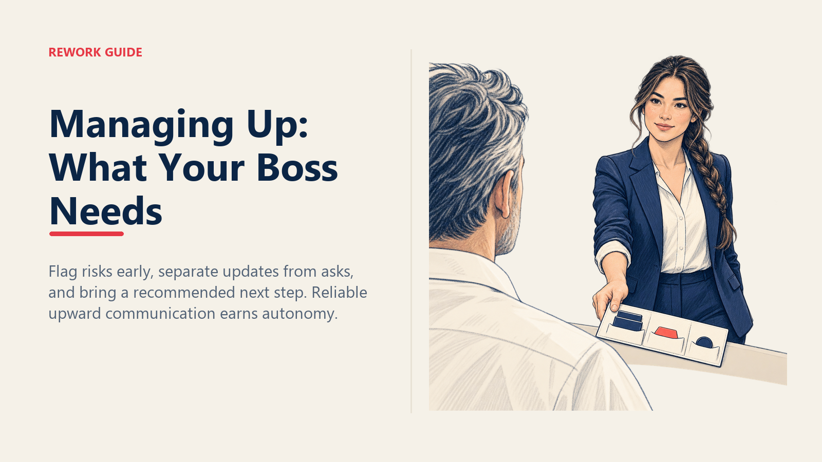 New manager flagging a coral risk in a concise status-risk-ask brief before the boss enters a leadership meeting.