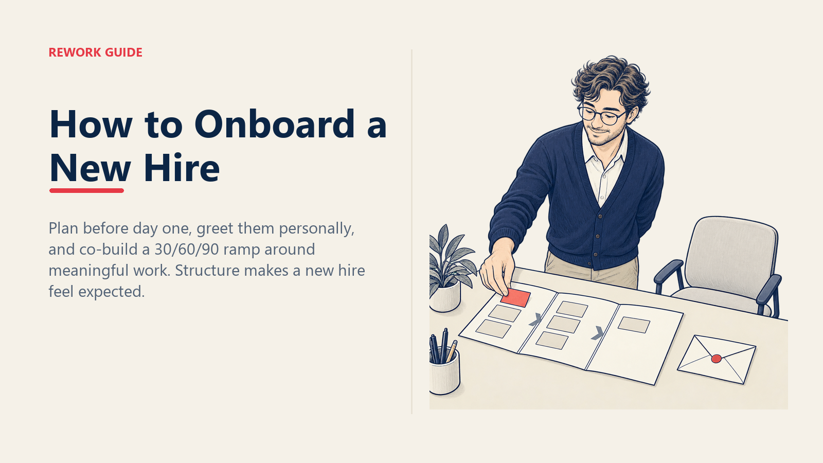 First-year manager preparing a three-stage onboarding ramp, first task, and welcome note before a new hire arrives.