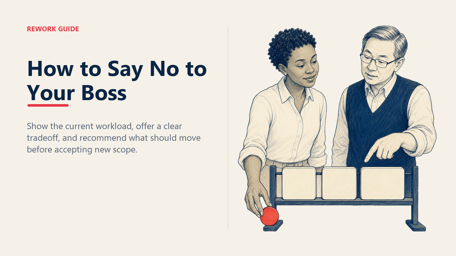 Manager saying no to a boss by showing a full workload and choosing which commitment to move