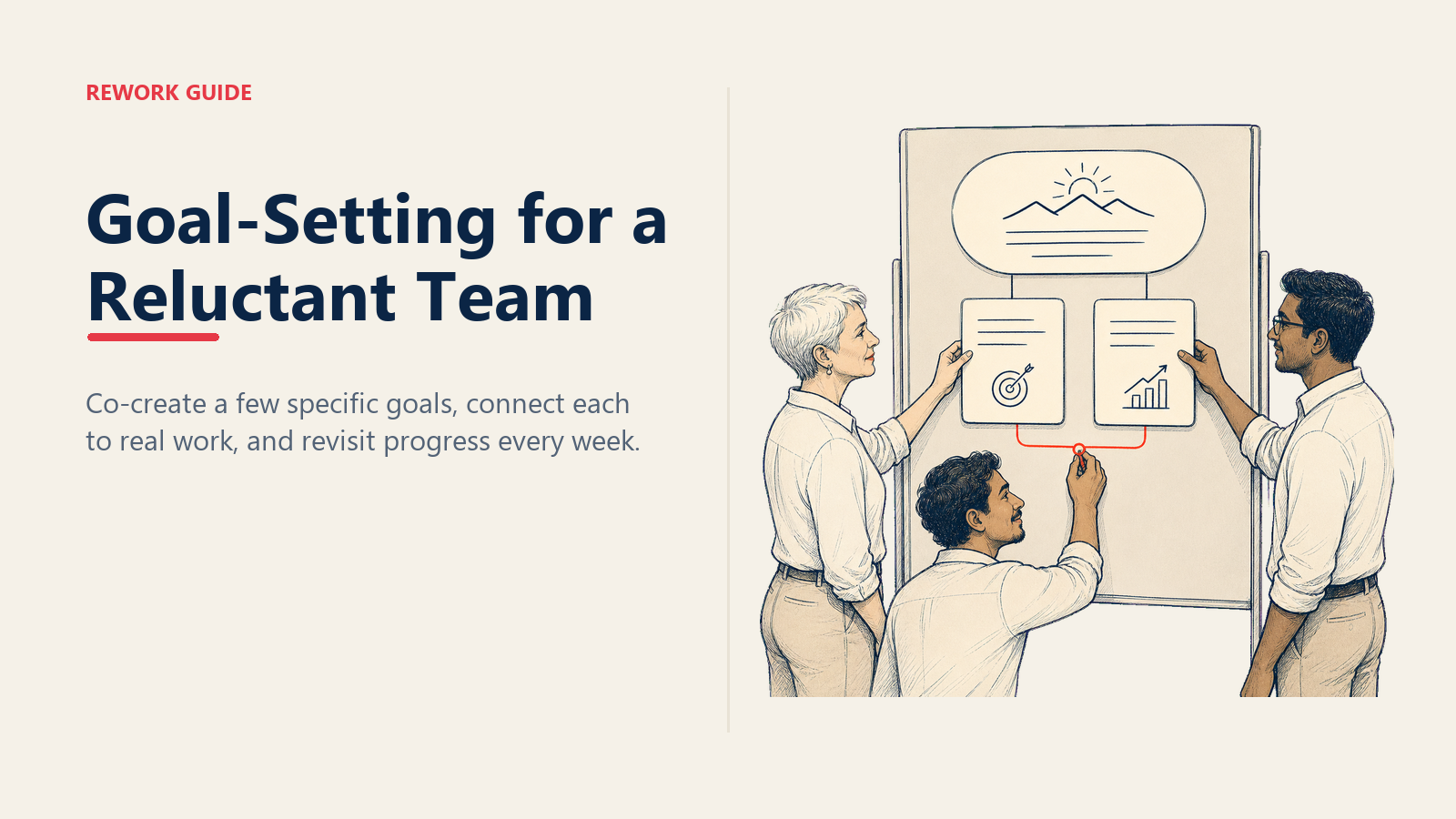 Reluctant team co-creating specific goals beneath one shared quarterly outcome