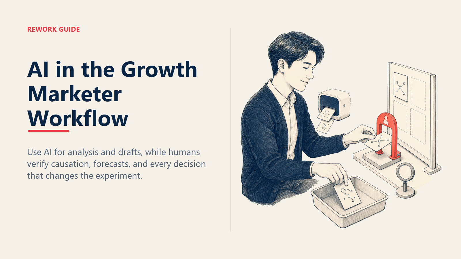 AI in the growth marketer workflow with a human quality gate between pattern analysis and experiment launch