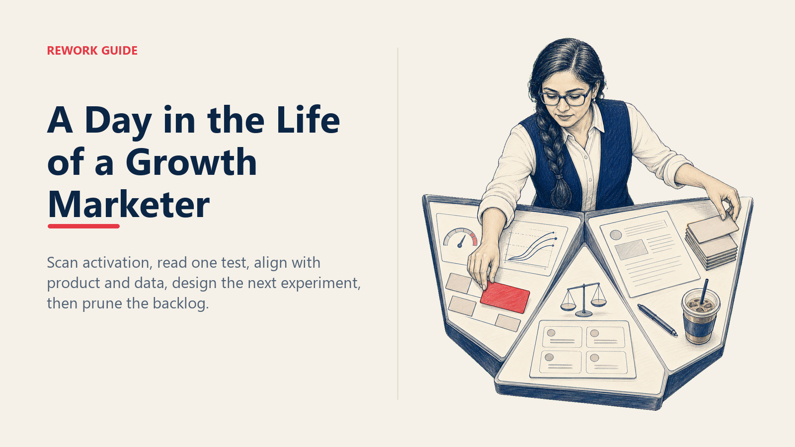 A day in the life of a growth marketer orchestrating dashboard review, experiment design, and backlog decisions