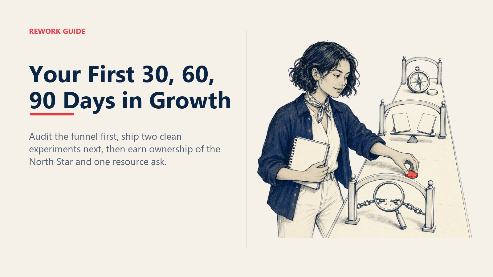First 30, 60, 90 days in growth with audit, experiment, and North Star milestones