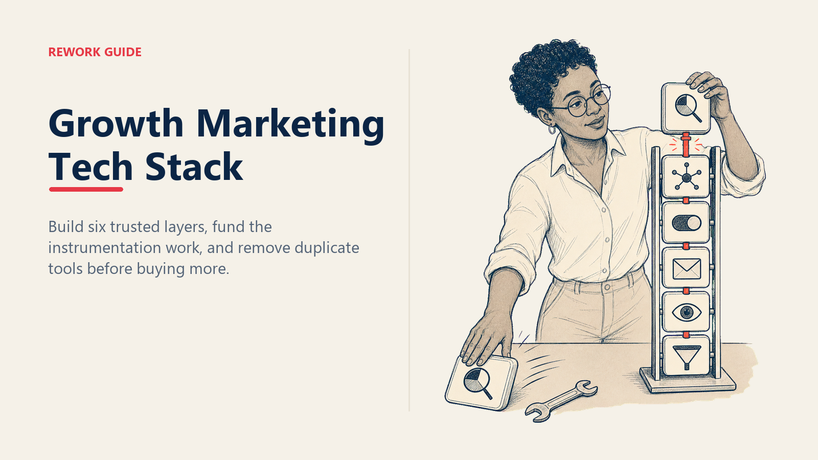 Growth marketer assembling six trusted tech stack layers on one clean event spine while removing a duplicate tool