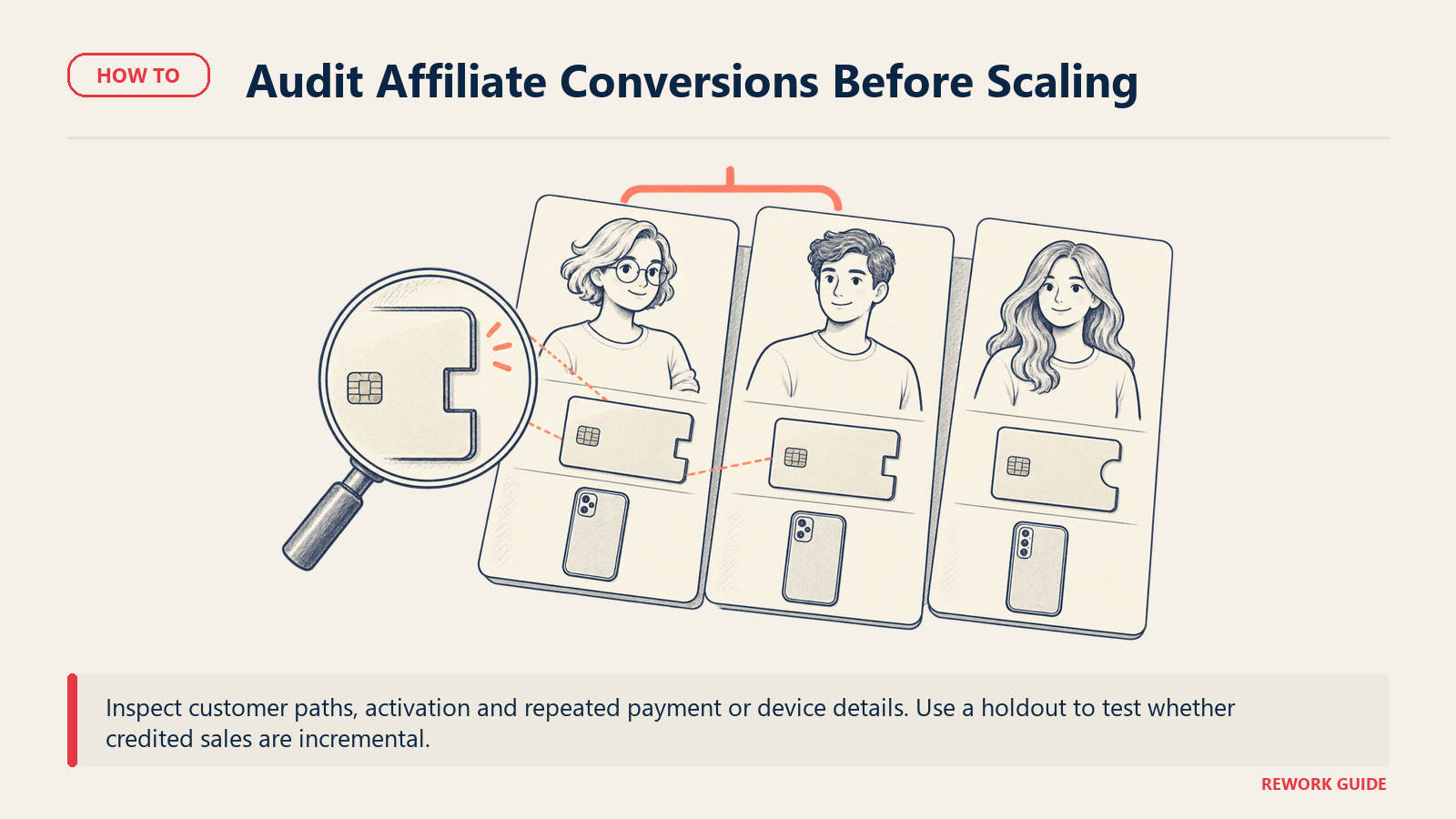 Affiliate conversion audit flagging repeated payment and device evidence across different customer records