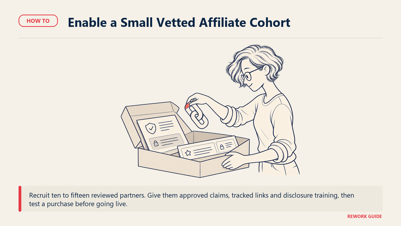 Growth marketer preparing tracked links, approved claims and disclosure guidance for a vetted affiliate cohort