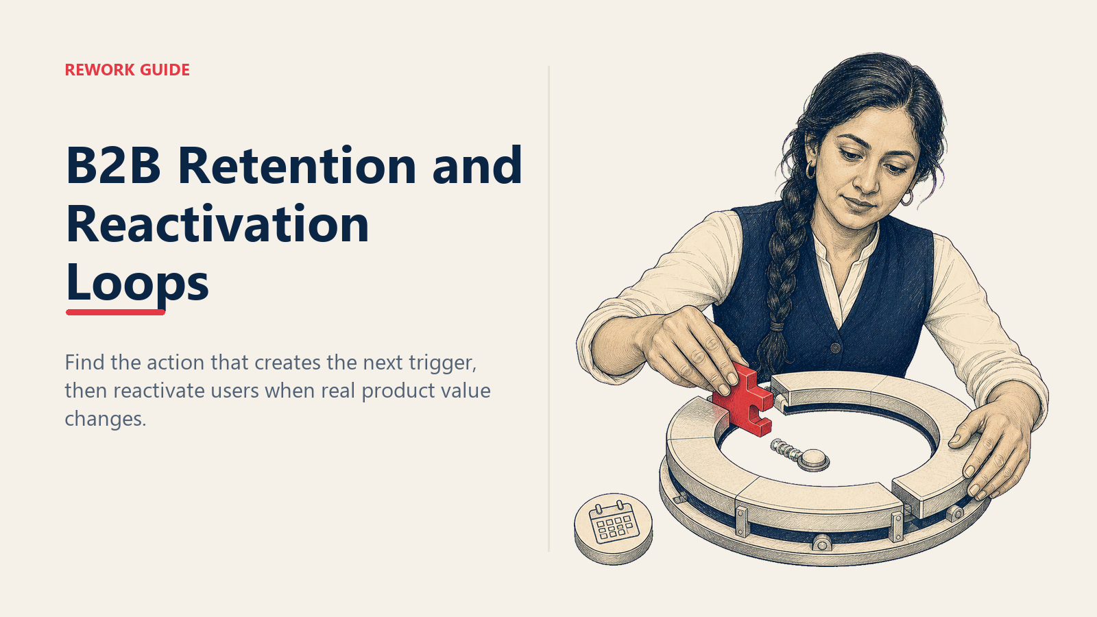 Lifecycle marketer completing a B2B retention loop with an event-based reactivation trigger instead of a calendar reminder