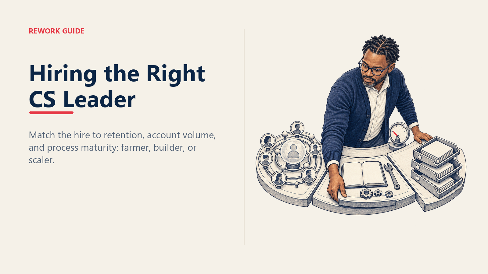 Hiring leader choosing the builder CS archetype using retention, playbook, and account-scale signals