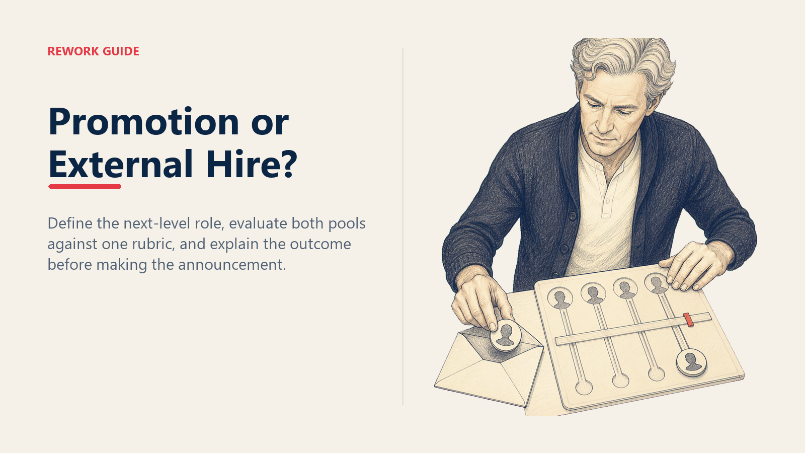 Promotion or external hire decision shown with both candidate pools tested against one next-level role rubric
