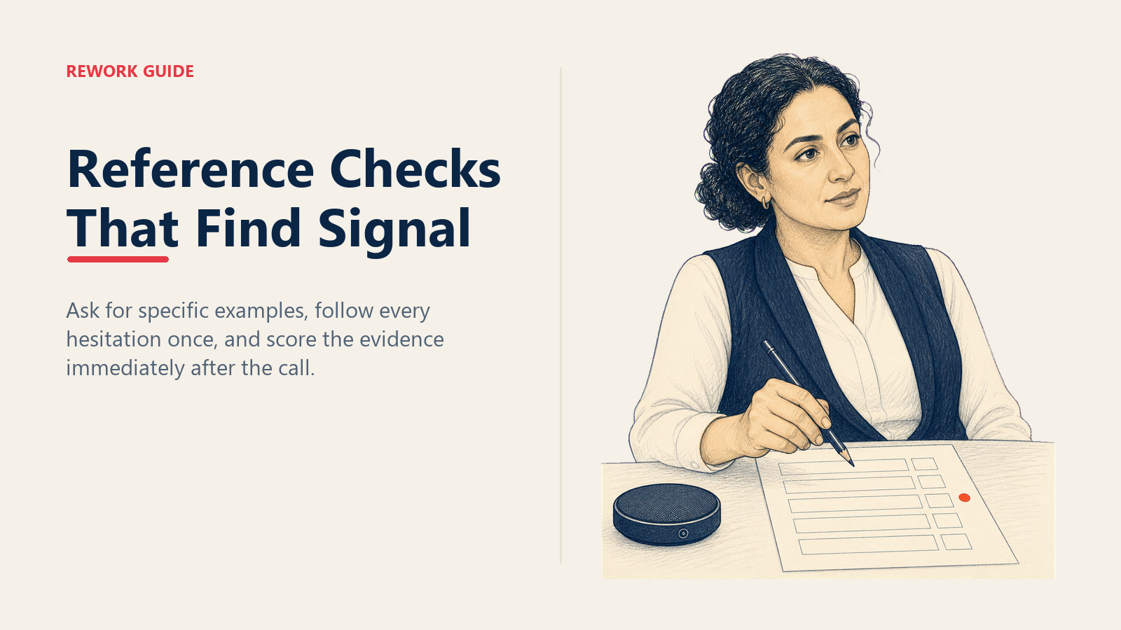 Hiring leader listening through a reference-call pause and marking an evidence gap on a structured call sheet