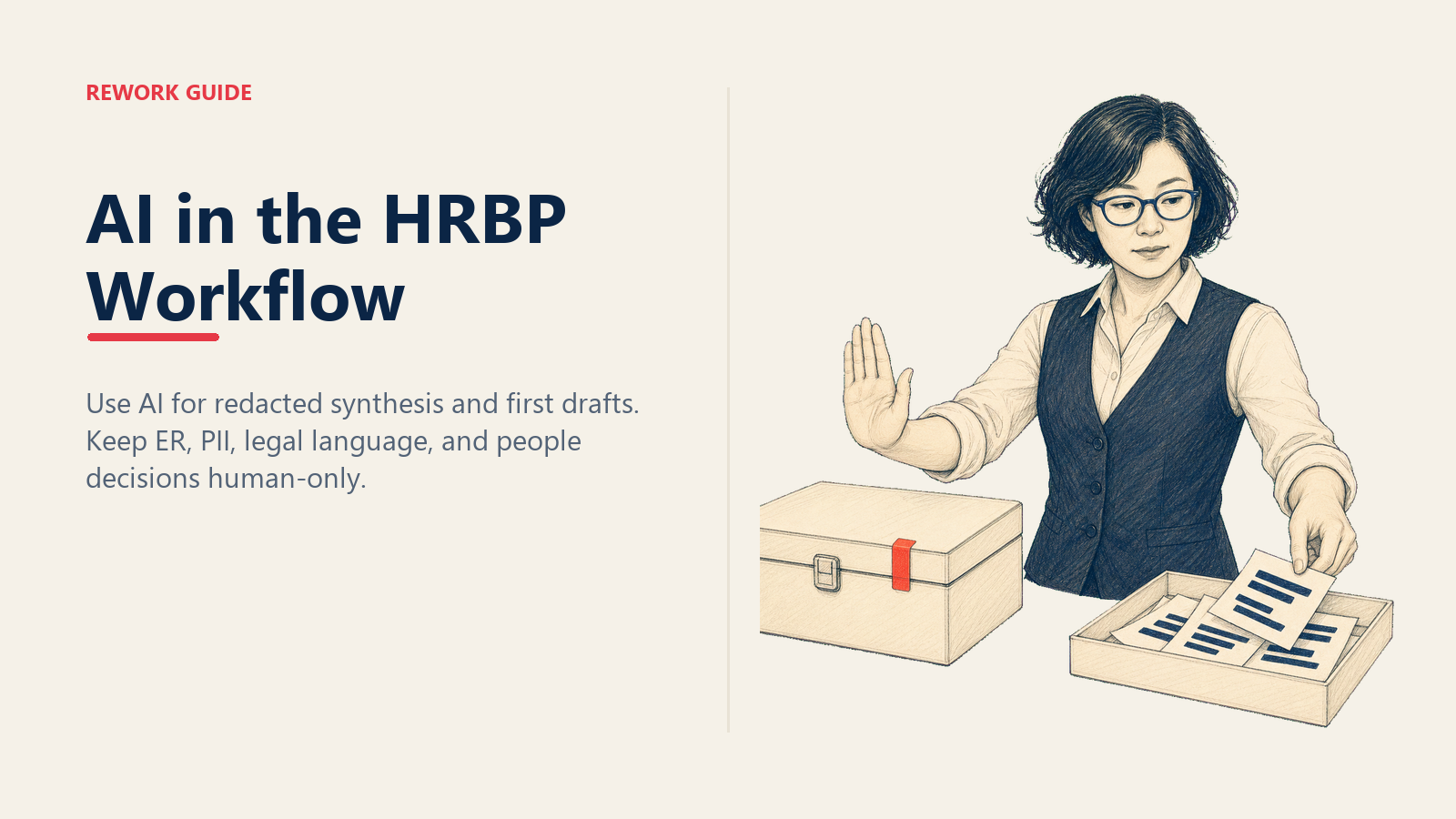 HR partner sorting redacted survey cards for AI synthesis while blocking a sealed employee case file