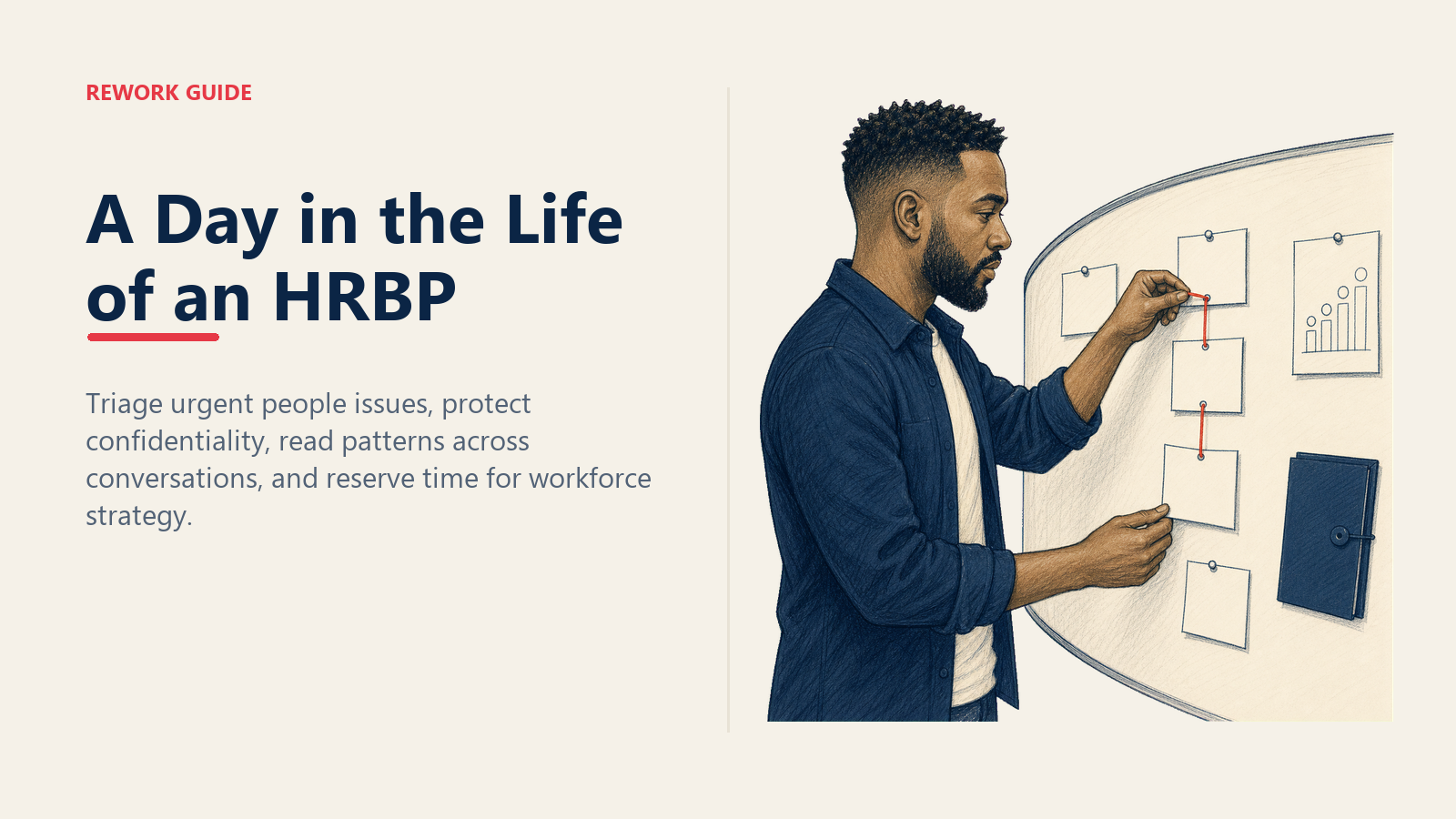 HR partner clustering urgent message cards on a daily planning wall to reveal a workforce risk pattern