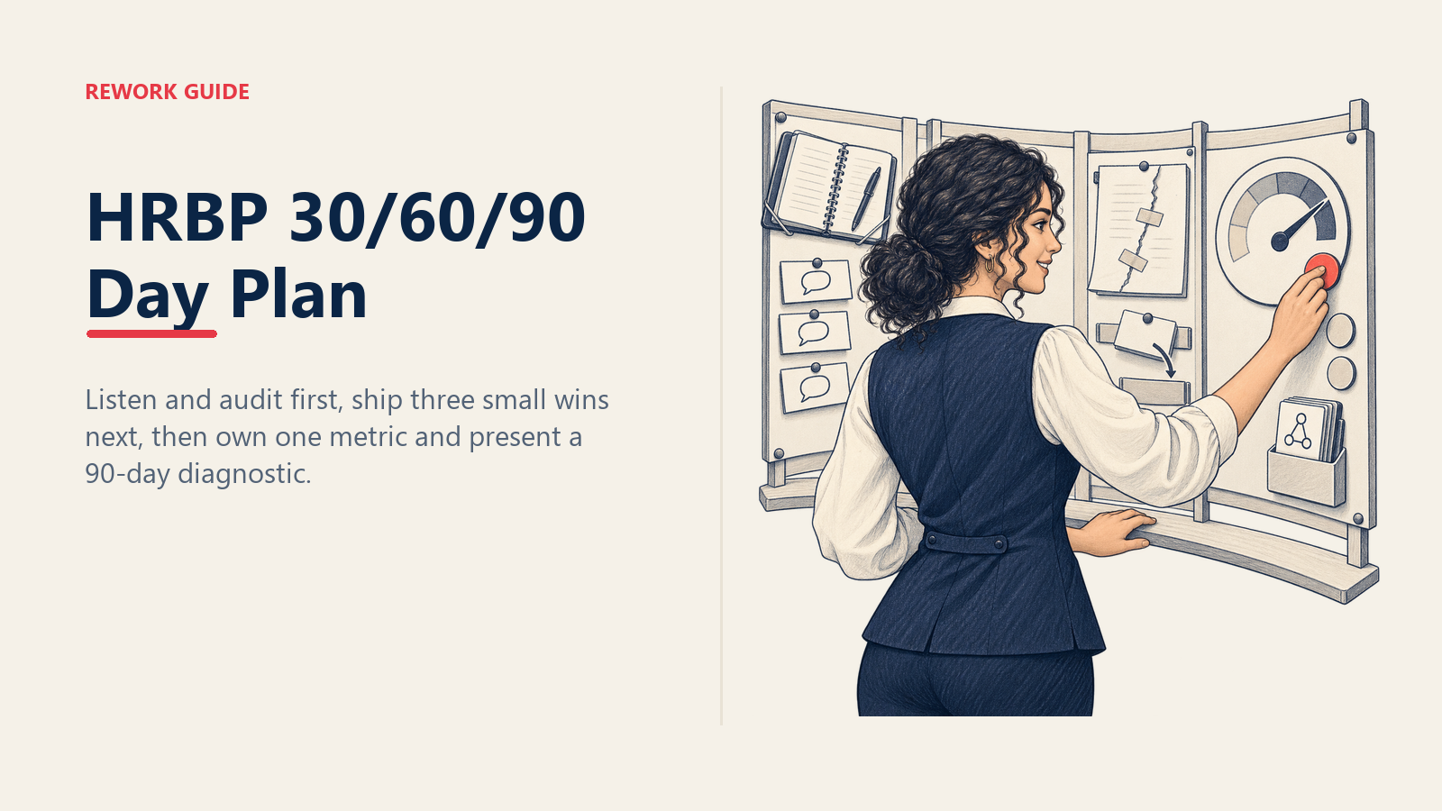 New HR partner advancing through listening, small-win, and metric stages in an HRBP 30/60/90 day plan