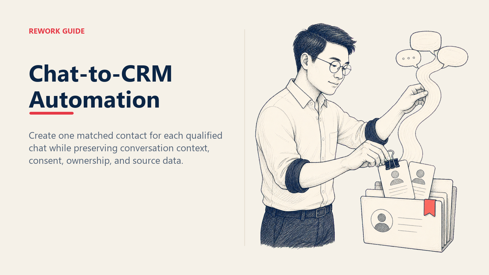 RevOps operator merging a chat conversation and qualification tag into one matched CRM contact record.