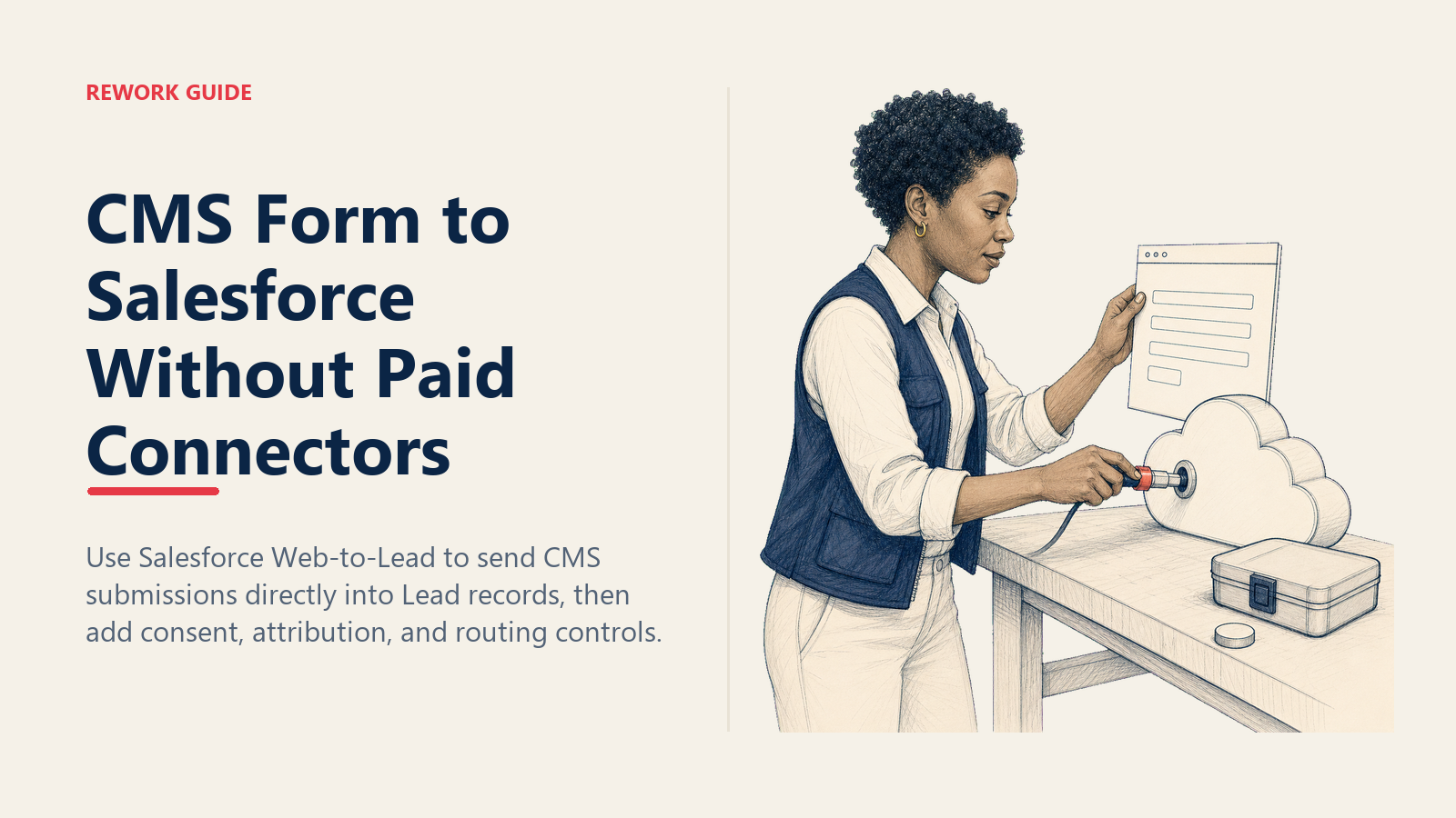 Marketing operations specialist plugging a CMS form directly into a Salesforce lead inbox while bypassing a paid connector.