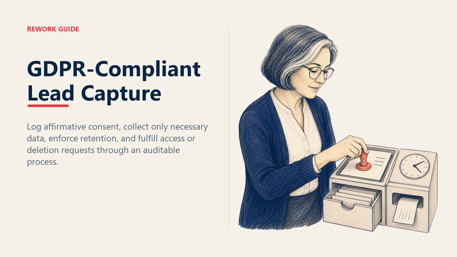 Privacy operations lead timestamping consent beside automated retention and deletion controls for GDPR lead capture.