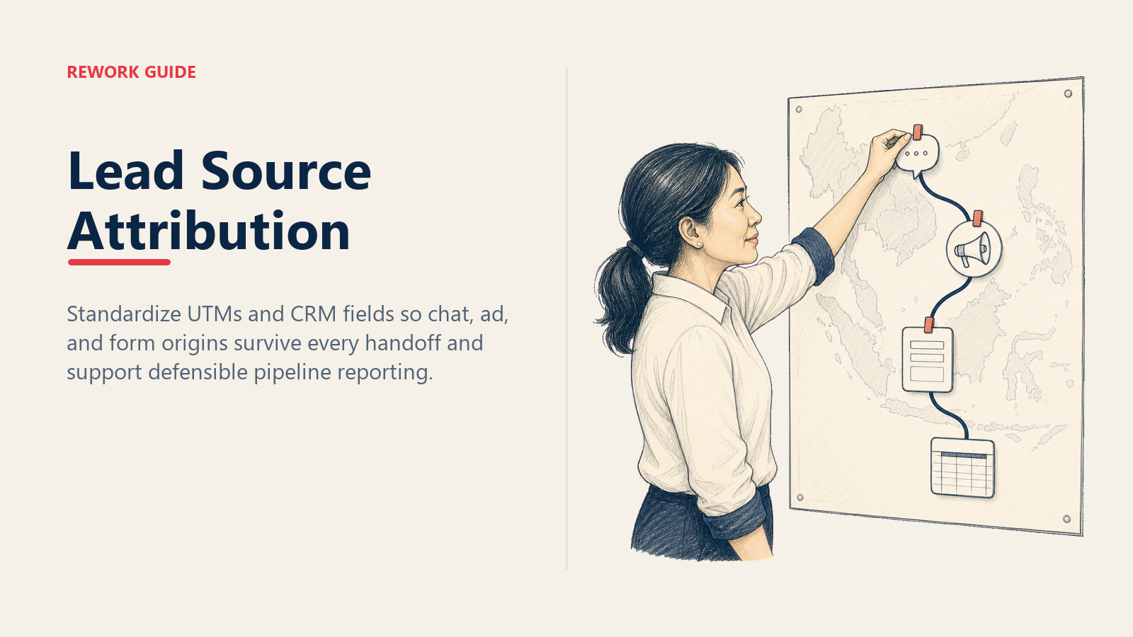 Marketing operations lead marking the attributed source on a journey map linking chat, ads, forms, and pipeline.