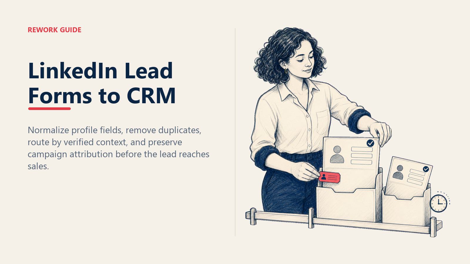 Demand generation operator mapping a profile-verified LinkedIn form lead into a deduplicated CRM record with routing and campaign attribution.