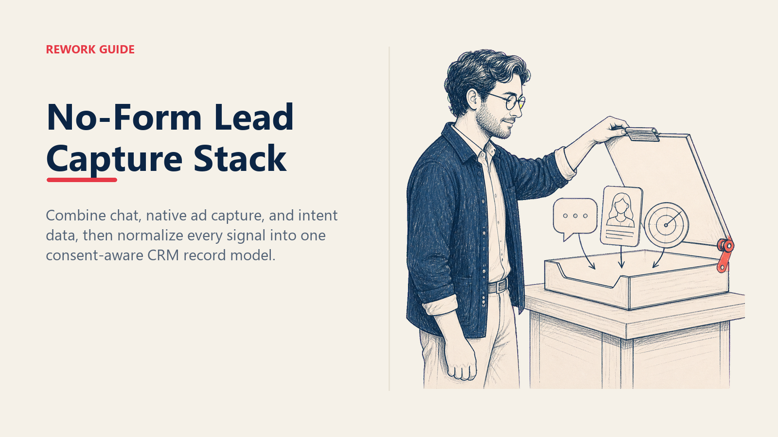 Growth marketer removing a form barrier while chat, native ad, and intent signals feed one unified CRM record tray.