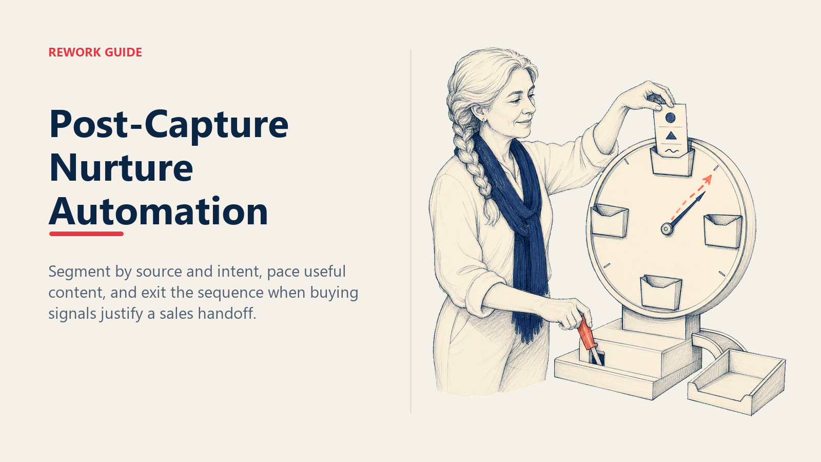 Lifecycle marketer moving a segmented lead through timed nurture steps toward a sales handoff triggered by buying intent.