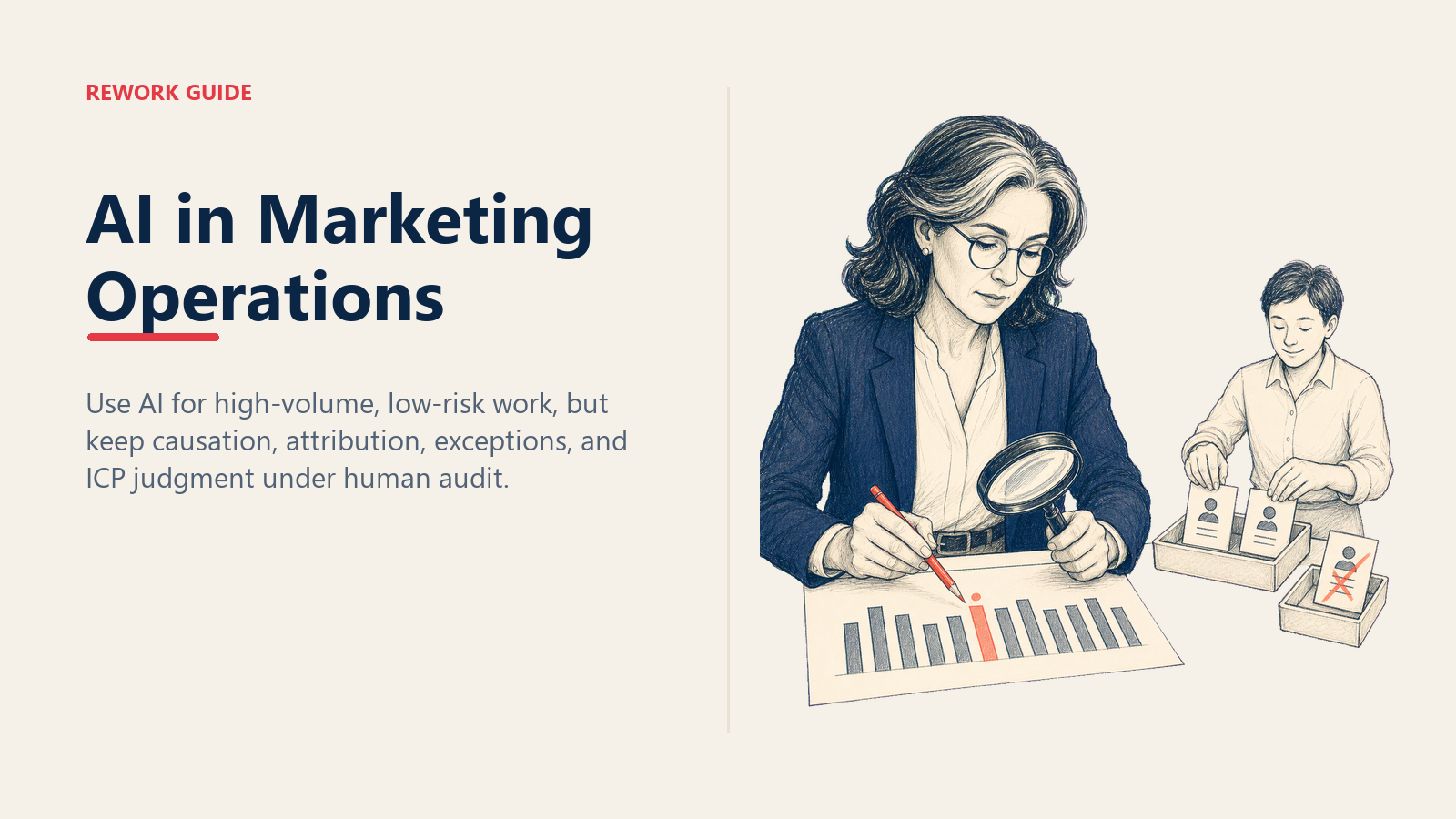 Marketing Operations manager auditing an AI lead-score chart while automation handles duplicate CRM records.
