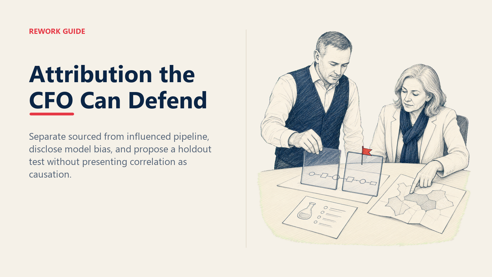 Marketing Operations manager presenting sourced and influenced views of one pipeline, a model-bias flag, and a holdout test to a CFO.