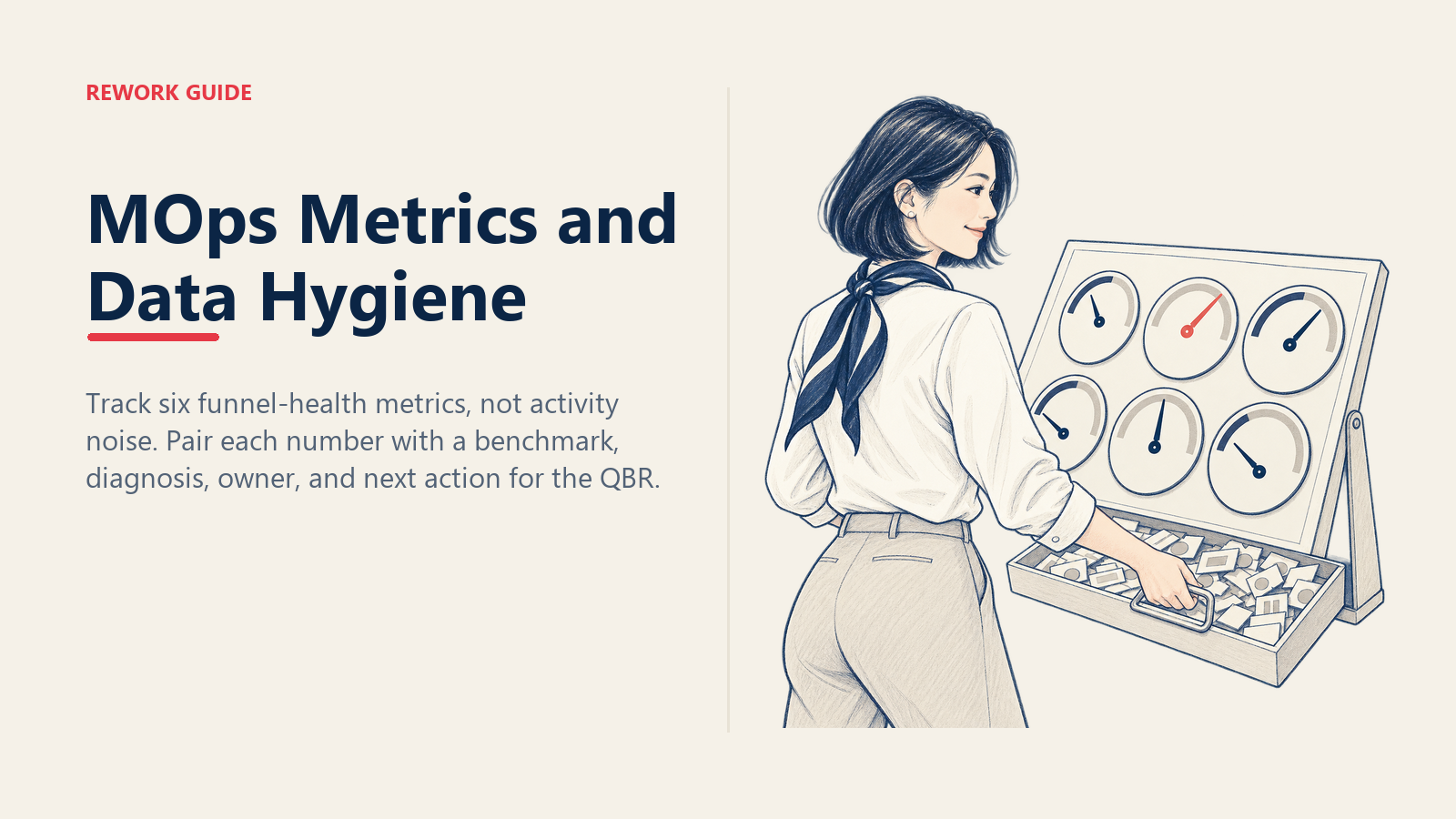 Marketing Ops analyst clearing activity noise from a QBR board to reveal six funnel-health gauges