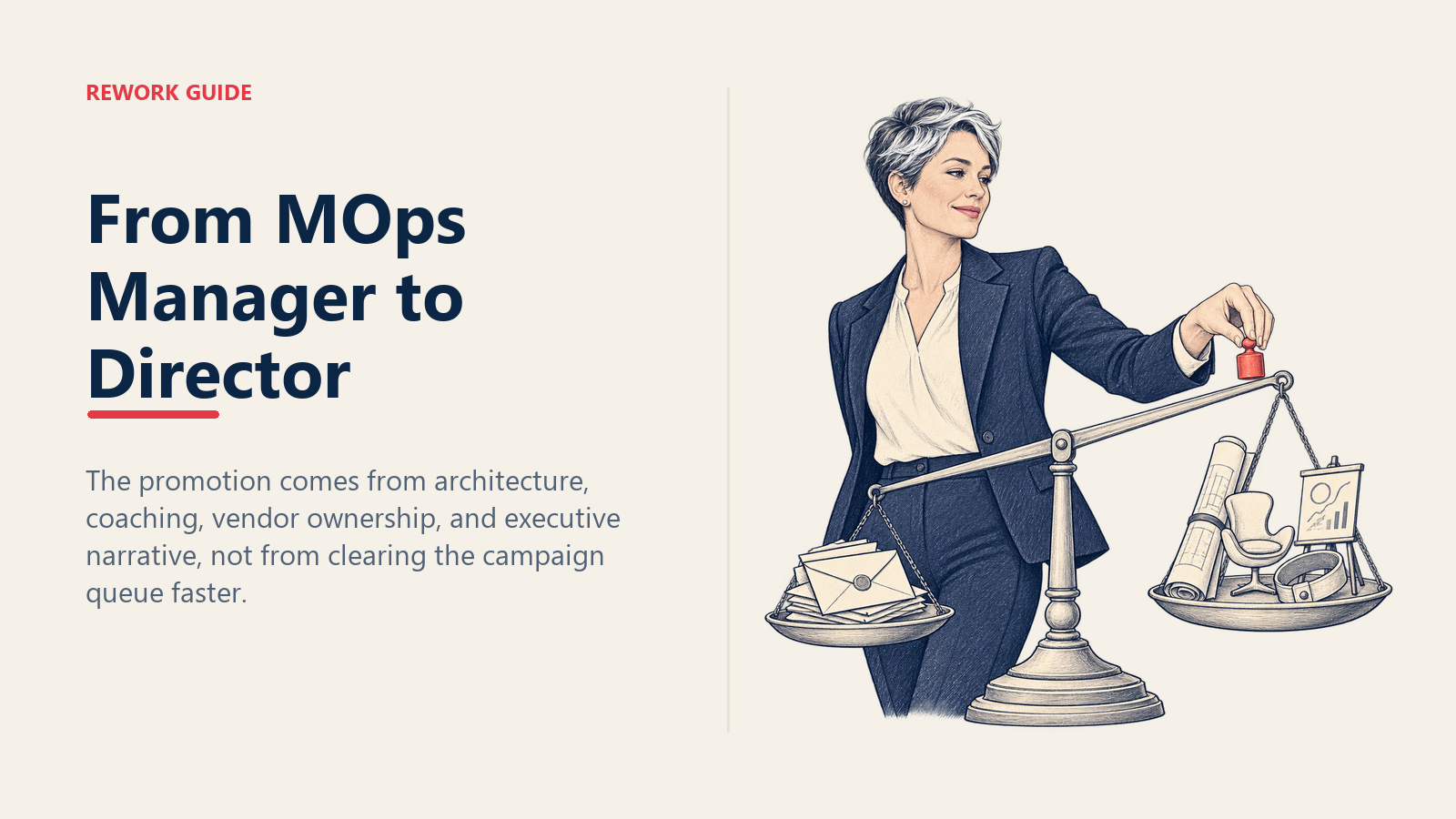 Senior Marketing Ops manager weighting architecture, coaching, vendor ownership, and executive narrative above the campaign queue