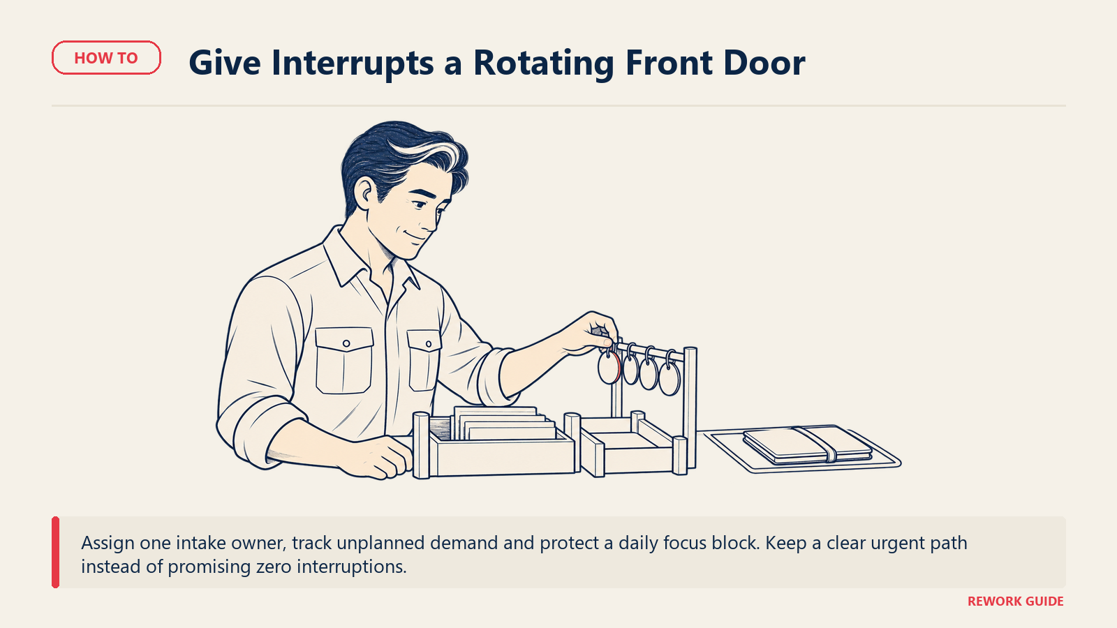 Alex takes the rotating intake token while a protected focus-work folio stays separate and an urgent request path remains open.
