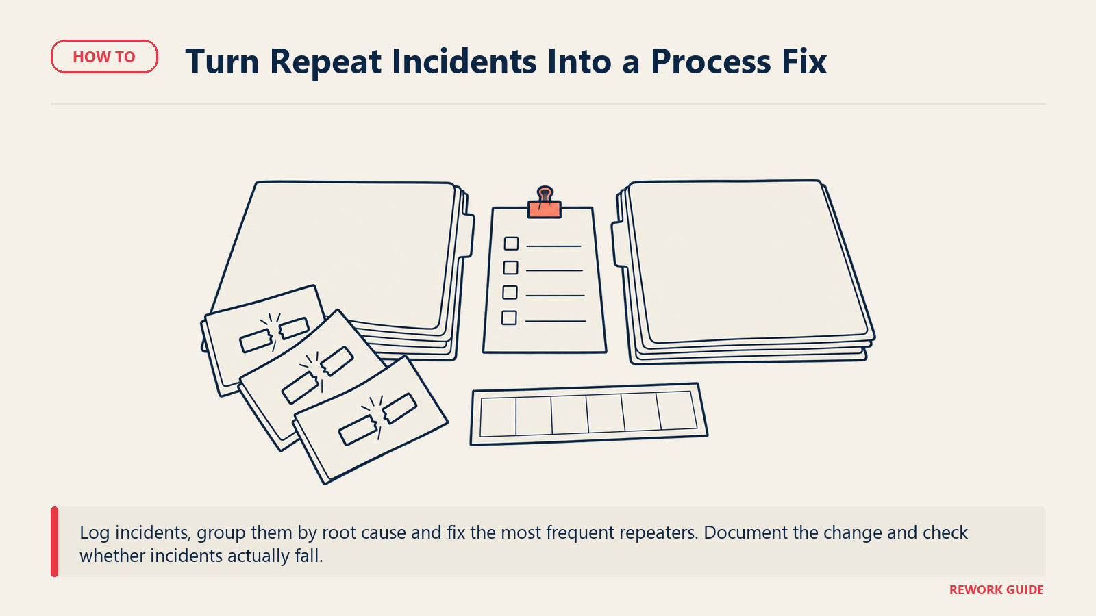 Repeated incident slips trace to one missing handoff connector, repaired with a documented checklist rather than repeated firefighting.