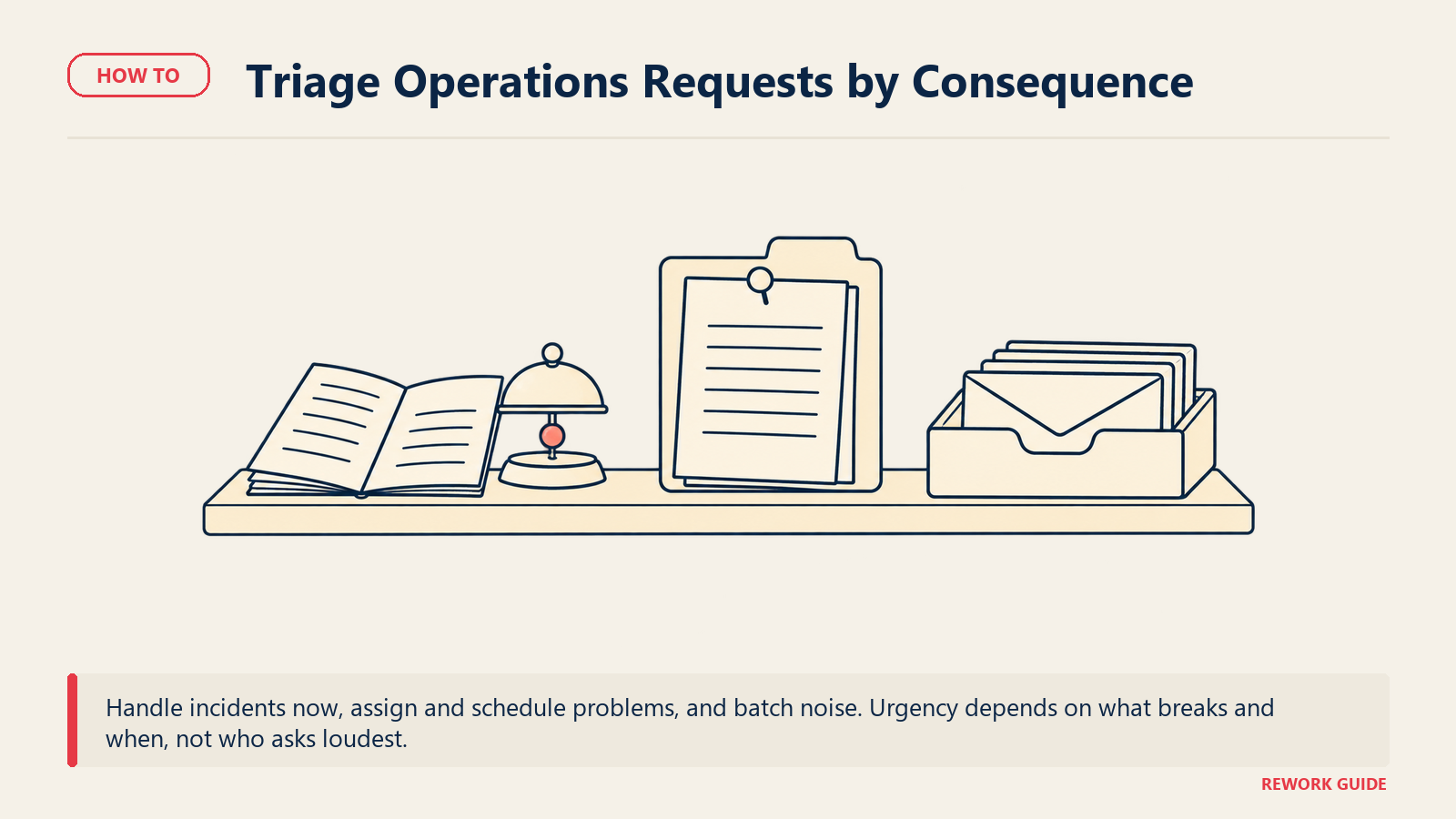 Three operations request destinations show immediate incident response, scheduled problem fixing and batched noise review.