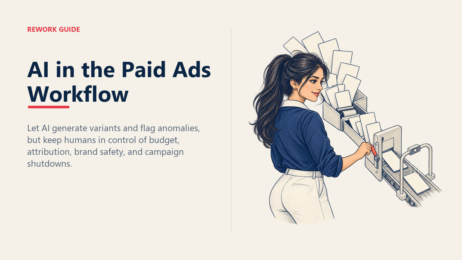 AI in the paid ads workflow shown as a media manager approving one creative variant while keeping budget execution behind a human gate