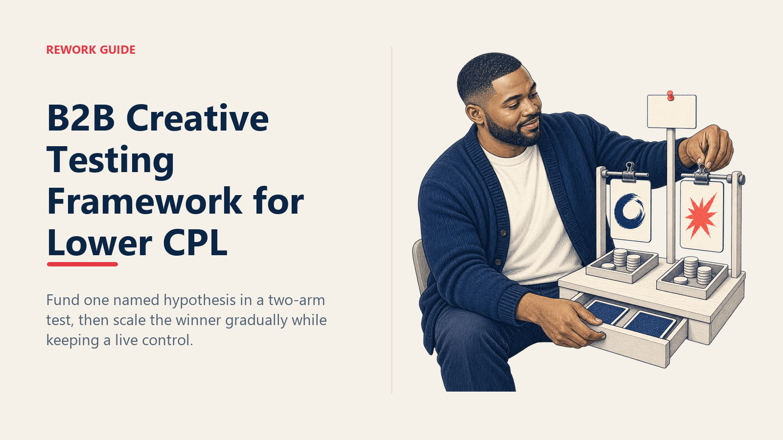 Paid ads manager funding a controlled two-arm B2B creative test while closing the extra-variant drawer.