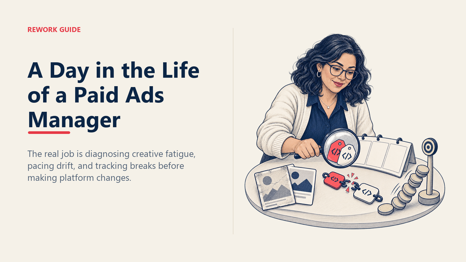 Paid ads manager diagnosing duplicate tracking tags alongside creative fatigue and budget pacing drift.