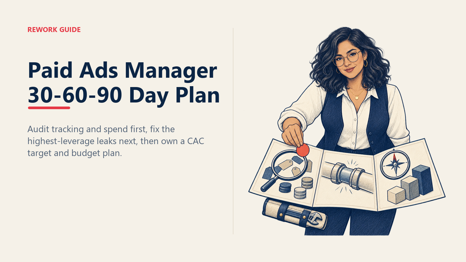 New paid ads manager following a 30-60-90 day plan from account audit through leak repair to a defensible CAC target.