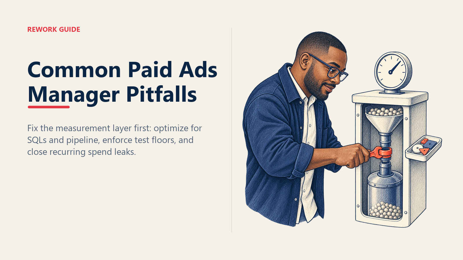 Paid ads manager fixing a disconnected pipeline measurement joint beneath a healthy-looking platform metric dial.