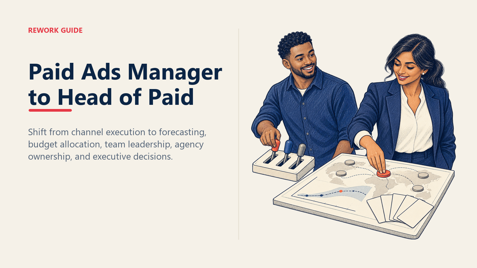 Paid ads manager handing channel execution to a junior while allocating budget on the path to Head of Paid.