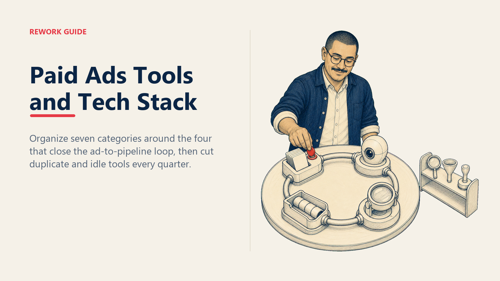 Paid ads manager closing an ad-to-pipeline feedback loop through four essential tools while three optional stack tools remain parked.