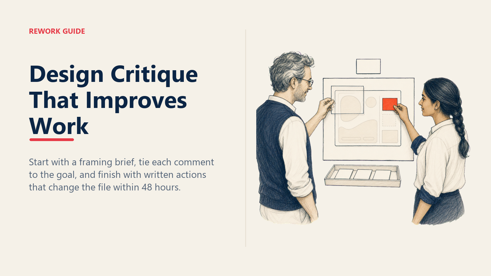 Two product designers using a goal frame to critique a screen, move one interface element, and capture action items for a file change.