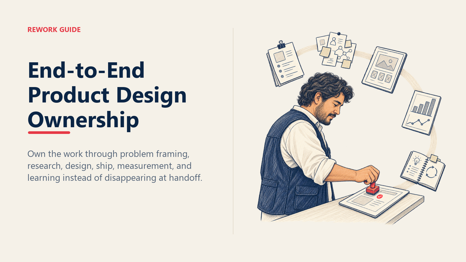 Product designer carrying one feature past handoff through QA, measurement, and learning in a six-stage ownership cycle.
