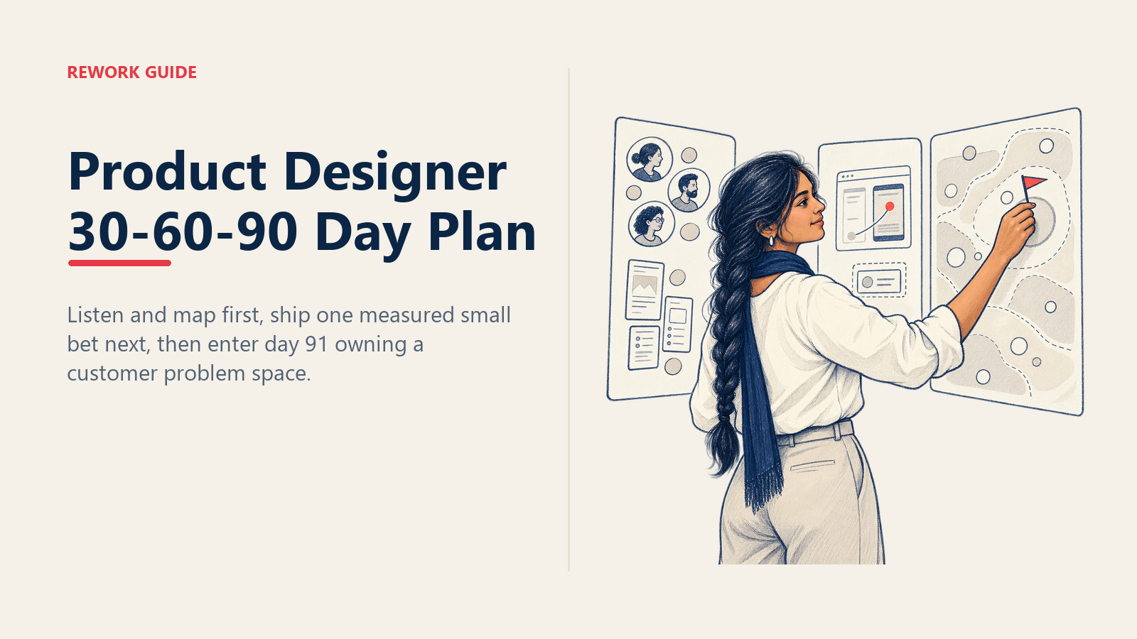 New product designer moving from customer listening to a measured small bet and ownership of a problem space over 90 days.