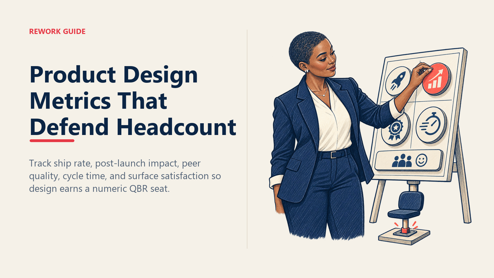 Product designer using five outcome metrics to secure design headcount during a quarterly business review.
