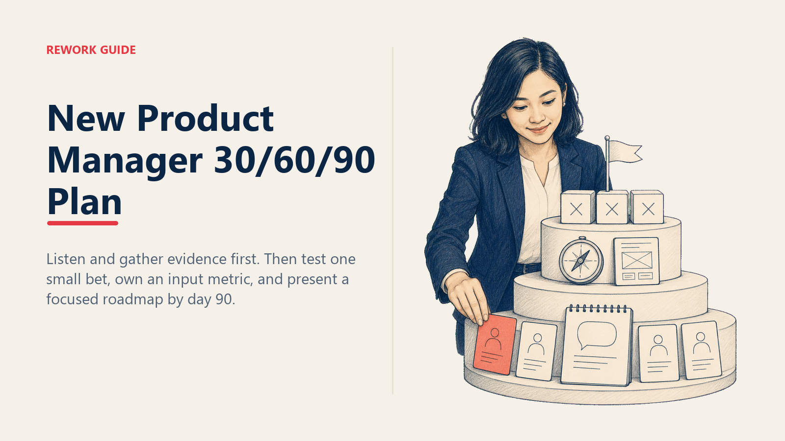 New product manager building a 30/60/90 plan from customer evidence, testing, and metric ownership