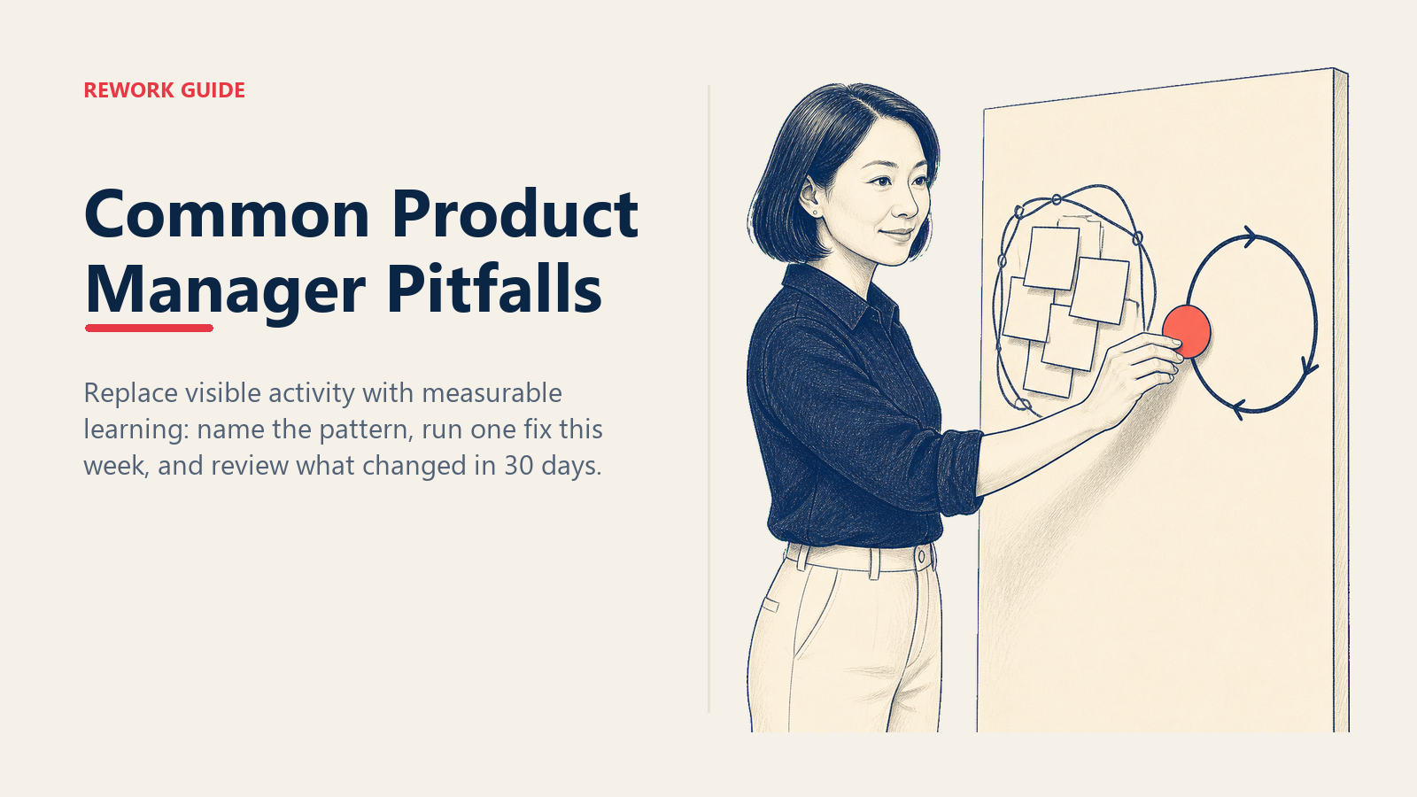 Common Product Manager pitfalls shown as a PM moving an outcome marker out of seven feature-ticket traps