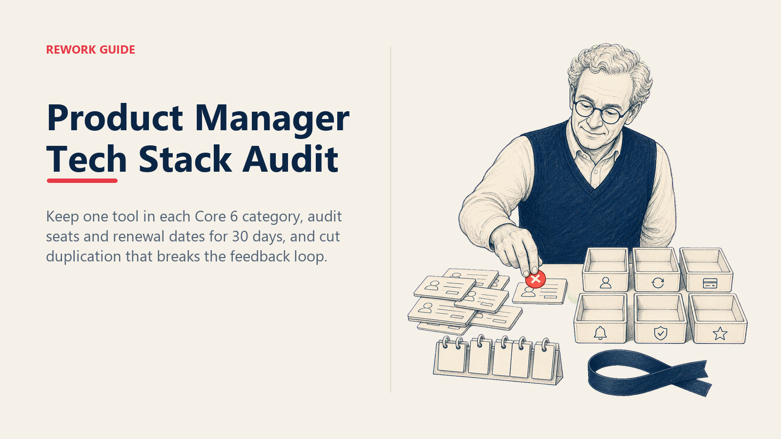 Product Manager tech stack audit reducing duplicate tools to six essential categories